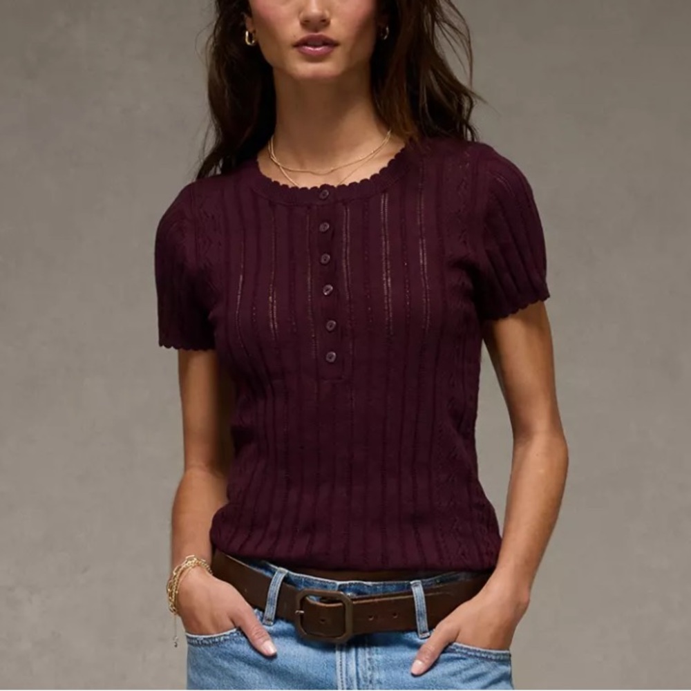American Eagle Henley Pointelle Sweater T-shirt Cherry